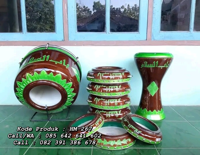 Set Rebana Hadroh Ukir Lengkap Coklat Hijau